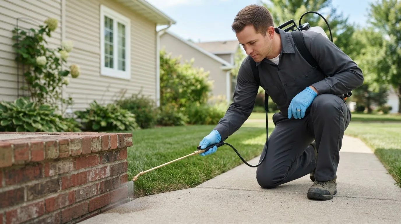 Pest control technician treating a home near Riverside, OR