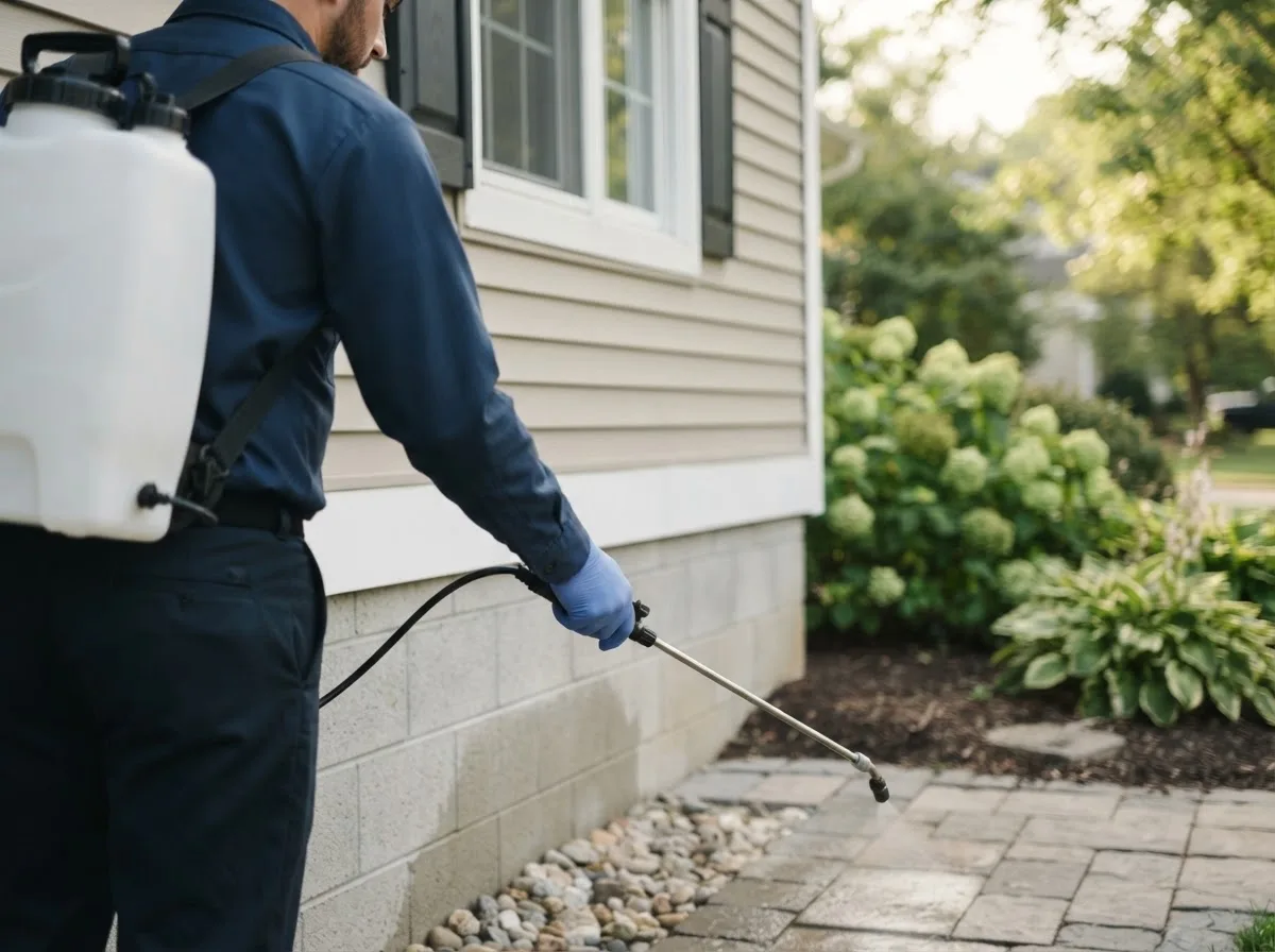 Pest control technician inspecting a home in Riverside, OR